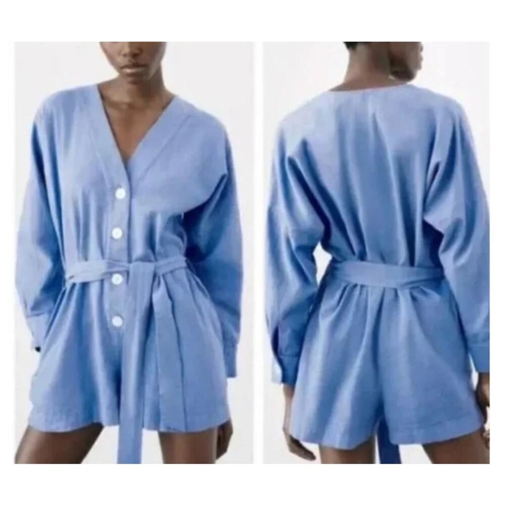 Zara Women's Blue Romper XS Linen V-Neck Jumpsuit Vacation Resort
